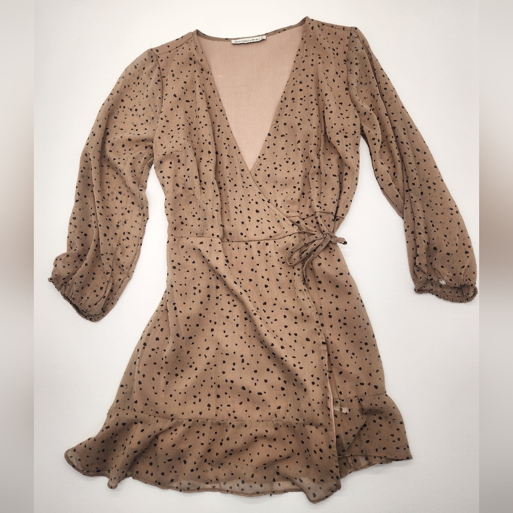 Abercrombie & Fitch Polka Dot Wrap Dress Long Sleeve Brown Black Size M